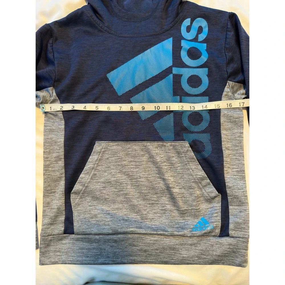 Adidas Boys Medium 10/12 Pullover Hoodie Navy Blue‎ Gray W/ Graphic Sweatshirt